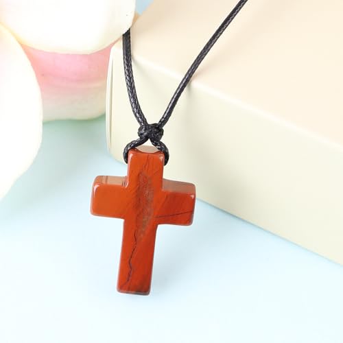 FANASY Natural Gemstone Pendant Necklace for Men Healing Crystal Pendant Adjustable Black Rope Necklace Jewelry Gifts for Women Men - color: X- Cross Red Jasper-1
