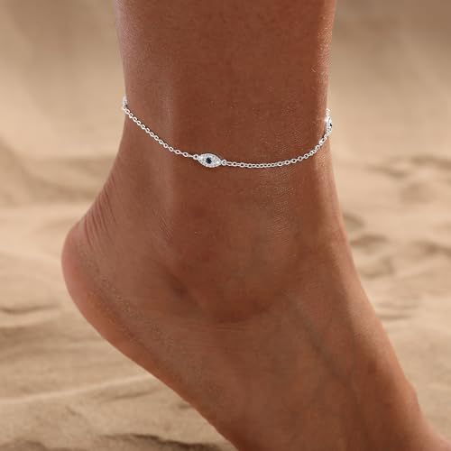 Ankle Bracelets for Women 14K Gold/Silver Plated Cross Heart Bead Anklet Waterproof Adjustable Chain Non Tarnish Cute Boho Trendy Dainty Summer Beach Foot Jewelry Gift for Her - style: Evil Eye-SL