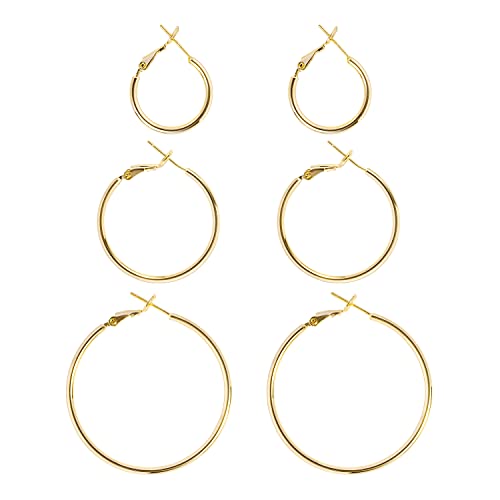 DAILY VIBES Simple Big Thin Hoop Earrings for Women Trendy, 3 Pairs | 925 Sterling Silver Post Large Hoops, 14K Gold or Silver Plated Loop, Hypoallergenic Hoop Earrings Set - color: Gold, size: 20-30-40mm