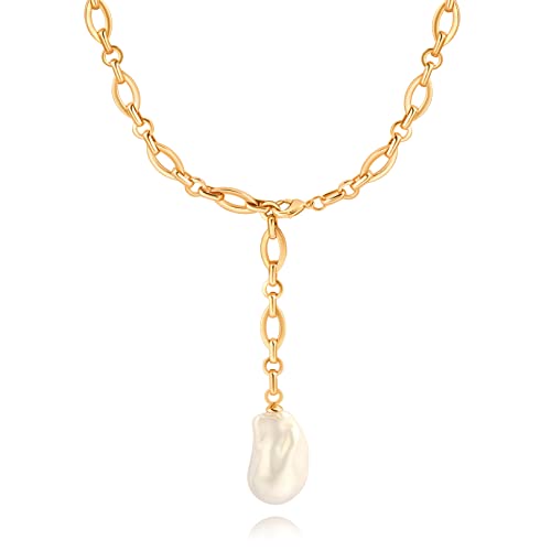 18k Gold Plated Chain Link Necklace for Women, Baroque Pearl/Compass Pendant Necklace - color: Y-necklace Baroque