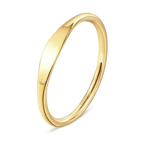 NOKMIT 1.5mm 14K Gold Filled Slim Signet Rings Thin Croissant Pinky Ring for Women Girls Dainty Gold Twisted Stacking Statement Flat Ribbed Plain Band Comfort Fit Size 4 to 10 - color: Signet