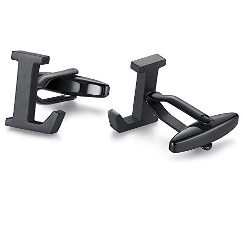 HONEY BEAR Black Initial Letter Round Cufflinks Tie Clip Set for Men | Wedding Business, Tarnish-Resistant, Steel-Plated Copper Base, Gift Box, for Groomsmen, Father, Husband, Anniversary, Formal - style: L