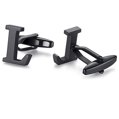 HONEY BEAR Black Initial Letter Round Cufflinks Tie Clip Set for Men | Wedding Business, Tarnish-Resistant, Steel-Plated Copper Base, Gift Box, for Groomsmen, Father, Husband, Anniversary, Formal - style: L