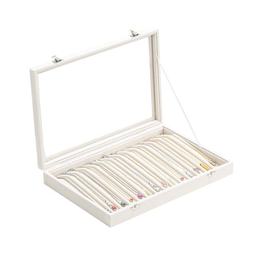Coward 14 Hooks Necklace Storage Tray, Velvet Neckalce Organizer Box with Clear Lid, Pendant Chain Necklace Jewelry Organizer Drawer Tray for Women Girls (Beige) - color: Beige
