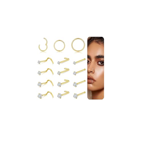 20G/18G Nose Studs Stainless Steel Nose Piercing Nose Ring Set I L S Shape Body Piercing Nose Hoop Ring for Women Men - color: A-15PC-Gold