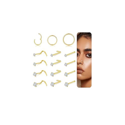 20G/18G Nose Studs Stainless Steel Nose Piercing Nose Ring Set I L S Shape Body Piercing Nose Hoop Ring for Women Men - color: A-15PC-Gold