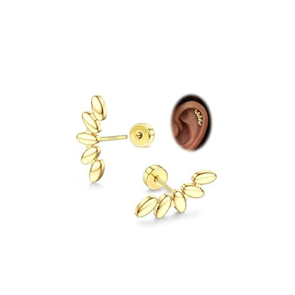 925 Sterling Silver Flat Back Stud Earrings for Women Hypoallergenic | 14K Gold Plated Cartilage Earrings for Sensitive Ears | Leaf Flower CZ Helix Tragus Piercing Jewelry - color: G-StyleA
