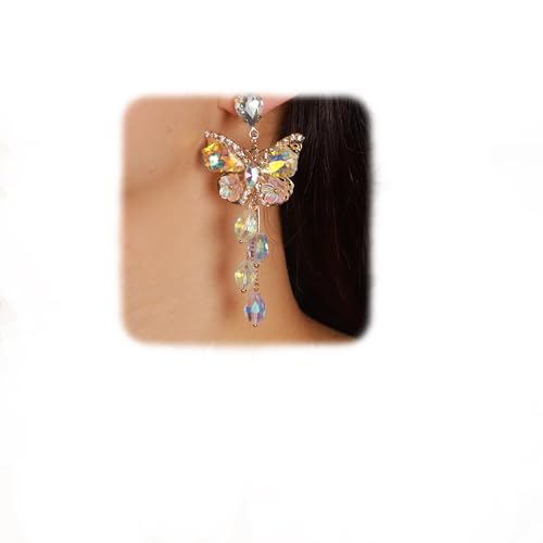 Vintage Colorful Rhinestone Butterfly Dangle Earrings Drop Earrings Tassel Earrings Ear Stud for Wedding Women Brides - color: AB Color