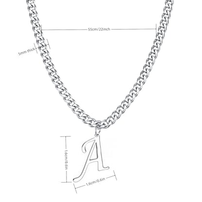 Stainless Steel Initial A-Z Necklace for Men Women,Cuban Chain,Titanium Steel Initial Letter Pendant Charm Necklaces Accessories Jewelry for Woman Man,21 Inch Chain - color: A