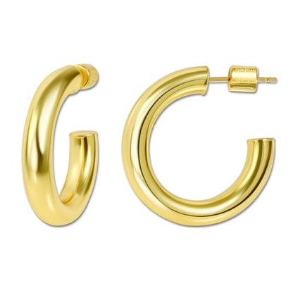 18K Gold Plated Sterling Silver Earrings for Women – Pure & Polished, Twist, Square, Hinged Tube, Abstract & Heart Shape Hoops – Lightweight, Hypoallergenic, Non-Tarnish Jewelry (Sizes: 3x35mm-46x30mm) - color: Gold, size: Polish Hoop (5x25mm)