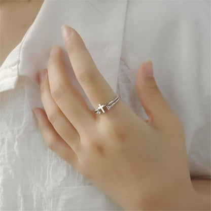 Hebelee Cubic Zirconia Cross Ring for Women Silver Plated Clear CZ Layered Adjustable Stackable Wrap Finger Rings Comfort Fit Minimalist Faith Engagement Jewelry