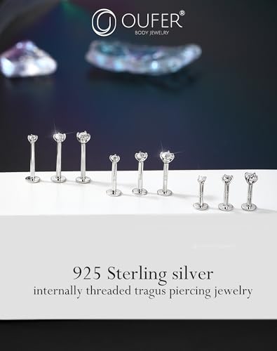 OUFER 925 Sterling Silver Flat Back Earrings, Clear CZ 16G Helix Piercing Jewelry, Silver Internally Threaded Cartilage Earrings Stud, Silver Lip Labret Rings for Women - color: Silver-2mm
