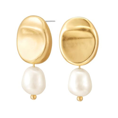 Gold Earrings 14k Gold Plated Hoop Earrings Dainty Pearl hoop Disc Coin Bead Starfish Teardrop Circle Dangle Drop Earrings for Women Hypoallergenic Jewelry Gifts - color: Pearl Earrings-C