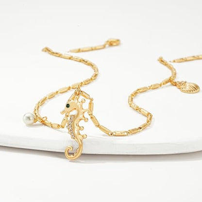 MTMY Gold Starfish Necklace 14K Gold Plated Shell Conch Ocean Pendant Necklace for Women Beach Summer Jewelry - style: seahorse