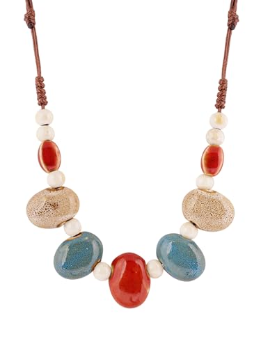 MINACHI Bohemian Hippie Colorful Ceramic Geometric Bead Strand Necklace, Vintage Boho Statement Jewelry Gift for Women - color: S02E