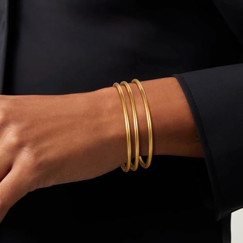 Awinesn 18K Gold Plated Bangles for Women Stainless Steel Glossy Stackable Thin Round Bracelets Solid Plain Polished Bangles Bracelets Set of 3 Jewelry for Women - size: 8 inches, style: round-3-G