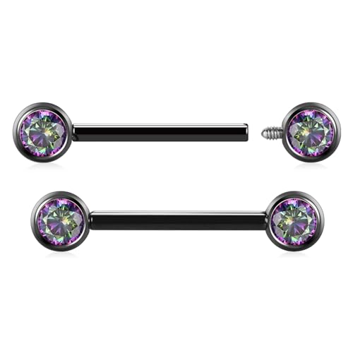 AROWRO Nipple Piercing Jewelry Nipple Rings Titanium Nipple Rings Implant Grade Hypoallergenic 14G Internally Threaded Straight Barbells with Cubic Zirconia Opal Gold Silver Rose Gold Black 12mm 14mm 16mm 18mm 20mm - color: Black+Vitrail Medium CZ
