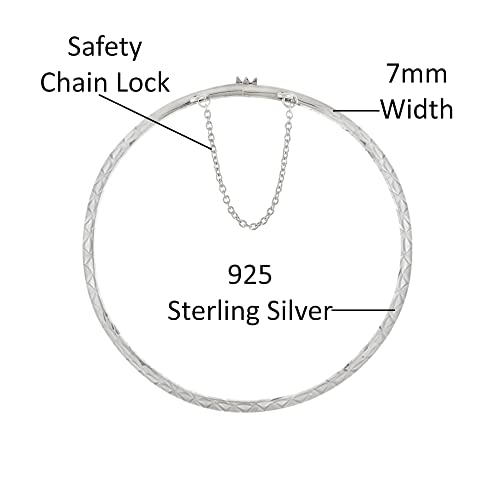 Savlano 14K Gold Plated Over 925 Sterling Silver Solid Diamond Cut Bangle Bracelet 7 inch with Safety Chain for Women Comes With Gift Box - Made in Italy - color: SILVER