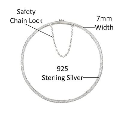 Savlano 14K Gold Plated Over 925 Sterling Silver Solid Diamond Cut Bangle Bracelet 7 inch with Safety Chain for Women Comes With Gift Box - Made in Italy - color: SILVER