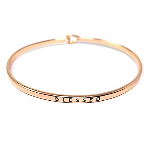 by you Inspirational Positive Message Engraved Thin Cuff Bangle Hook Bracelet - color: Blessed-Rosegold