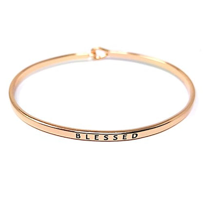 by you Inspirational Positive Message Engraved Thin Cuff Bangle Hook Bracelet - color: Blessed-Rosegold