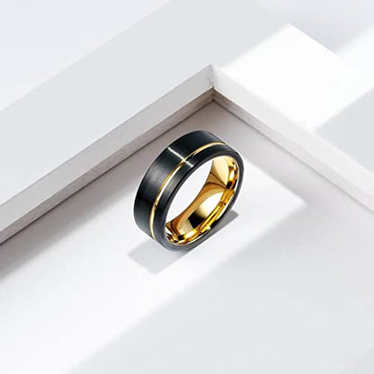 King Will Mens Tungsten Carbide Wedding Band with Groove Design | 6/7/8mm Width, Grooved, Comfort Fit, Everyday Wear - color: Black&Gold-8mm