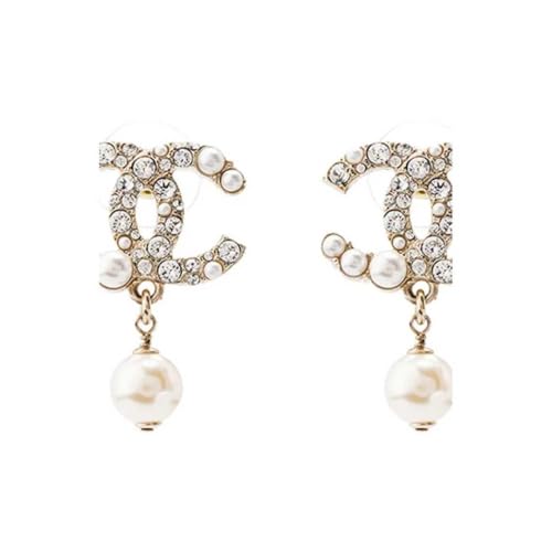 Gold Tone Curved Rhinestone Earrings with White Faux Pearl Drop Pendants for Women