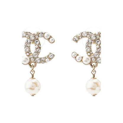 Gold Tone Curved Rhinestone Earrings with White Faux Pearl Drop Pendants for Women