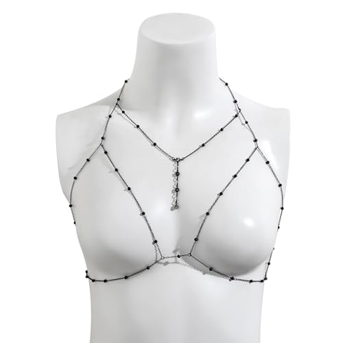 Body Chain Jewelry for Women Rhinestone Back Chain Necklace for Backless Dress Backdrop Chain Necklaces for Women - color: Black Body Chain