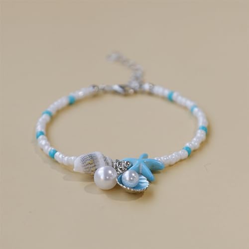 Beach Puka Shell Anklet for Women Waterproof Beaded Ankle Bracelets Adjustable Starfish Seashell Pearl Foot Chain Boho Jewerly Present for Summer Beach Party - color: white