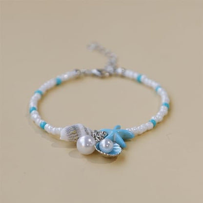 Beach Puka Shell Anklet for Women Waterproof Beaded Ankle Bracelets Adjustable Starfish Seashell Pearl Foot Chain Boho Jewerly Present for Summer Beach Party - color: white