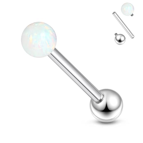 14G Astm F136 Titanium Tongue Rings Piercing Jewelry 14 Gauge Internal Thread Straight Barbell Opal Tongue Rings Piercing Jewlery for Women Men White Pink Purple Blue Green 16MM Bar Length - color: White