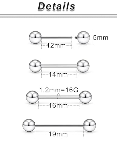 16G 14G 12G Titanium Tongue Rings Nipple Piercings Externally/Internally Threaded G23 Hypaollergenic Nipple Tongue Barbells Piercing Jewelry for Women Men 12mm 14mm 16mm 19mm Bars - style: 14G-12mm 14mm 16mm 19mm Bars-Internally Threaded