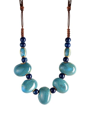 MINACHI Bohemian Hippie Colorful Ceramic Geometric Bead Strand Necklace, Vintage Boho Statement Jewelry Gift for Women - color: S02B