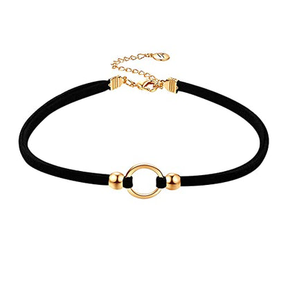 PAMTIER Womens Black Velvet Circle Round Chrams Pendant Ribbon Gothic Collar Choker Necklace with Beads - color: Gold 01