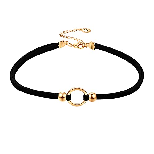 PAMTIER Womens Black Velvet Circle Round Chrams Pendant Ribbon Gothic Collar Choker Necklace with Beads - color: Gold 01