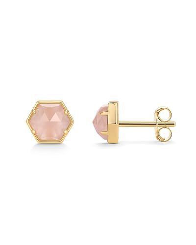 PAVOI 14K Gold Plated Hexagon Gemstone Stud Earrings for Women | Natural Birthstone Earring Pair - color: Rose Quartz