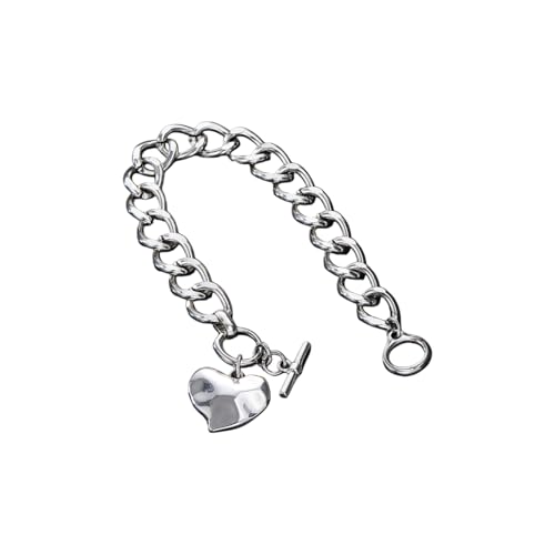 Heart Bracelet for Women, Chunky Silver Chain Clasp Charms Stainless Steel Link Buckle Statement Jewelry Accessories Gifts - color: Silver OT Heart