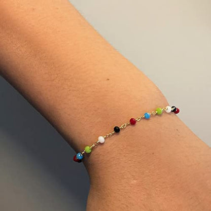 Womens Dainty Gold Chain Bracelet,Simple Layered Chain Bracelets,Beaded Turquoise Bracelet,Charm Crystal Bar,Heart,Karma,Triangle,Pearl Bracelets for Women - color: Multi-Color Crystal