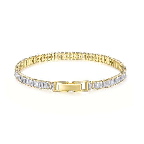 MINDDHA 14K Gold/White Gold Plated Cubic Zirconia Tennis Bracelet | Silver, Gold Bracelet for Women | Rectangle, Square, Round Shape CZ Stone | Width 2.5-4mm | Size 6-8 Inch - color: 4mm Rectangle Yellow Gold, size: 6.5 Inch