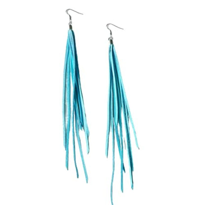 Leather Tassel Earrings Bohemian Tassel Fringe Dangle Earrings Boho Handmade Leather Feather Long Tassel Earrings Western Jewelry for Women - color: Light Blue