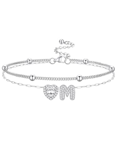 Bestyle Initial Anklet Bracelets for Women Waterproof Non Tarnish 14K Gold/White Gold Plated CZ Anklets for Women Dainty Layered Letter Heart Ankle Bracelets Adjustable Foot Chain Anklet - color: M