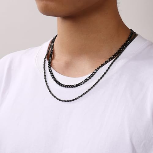 Layered Stainless Steel Chain Necklaces for Men Boys, 2Pcs Cuban Link/Rope/Herringbone Chains Jewelry Gifts, 16 "/18 ", 18 "/20 ", 20 "/22 ", 22 "/24 " - color: Black, size: 22IN/24IN, style: Cuban/Rope Chain Set