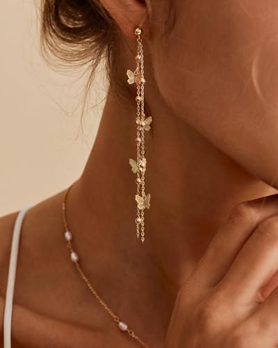 Dangle Earrings for Women - 14K Gold/White Gold/Rose Gold Plated Butterfly Heart Star Hoop Chain Long Tassel Cubic Zirconia CZ Dangle Earrings - color: Butterfly