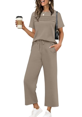 WIHOLL Two Piece Sets for Women Summer Spring Travel Vacation Outfits Short Sleeve Lounge Sets Side Slit Wide Leg Pants S-3XL - color: A-coffee, size: Large