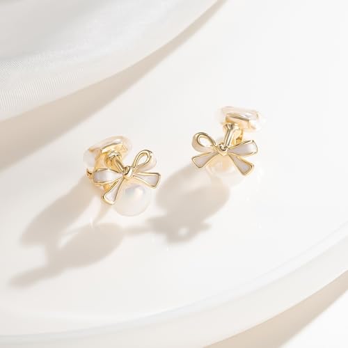 YOQUCOL Golden Bow Clip On Stub,Danle Drop Earrings for Women Simulated Pearl Christmas Xmas Bowknot Non Pierced Earrings - color: Stud Clip-02-White