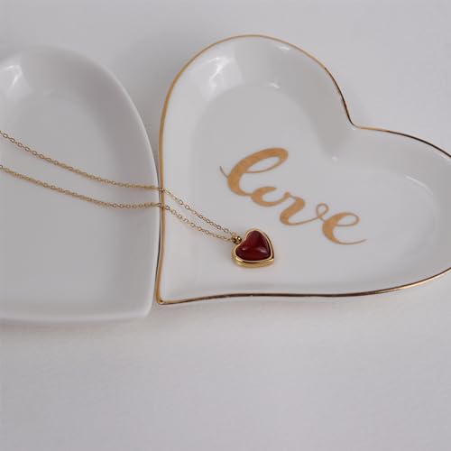 Sonateomber Gold Stone Pendant Necklace for Women, Chunky Statement Dainty Heart Oval Natural Gemstone Dangle Necklaces Wedding Prom Accessories Fashion Jewelry Gift - color: Red