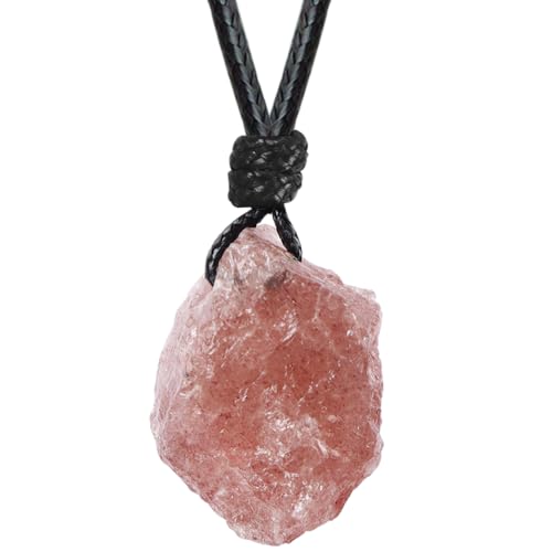 FANASY Natural Raw Crystal Necklace for Women Irregular Stone Necklaces Spiritual Gemstone Pendant with Adjustable Rope - color: Strawberry Quartz
