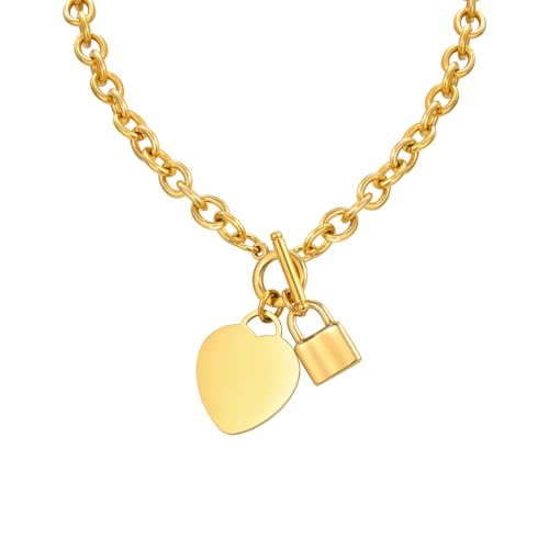 VNOX Personalized Initial Name Stainless Steel Trendy Cable Chain Bracelet Neckalce Set with Padlock Heart Charm and Toggle Clasp Closure - color: Gold Necklace