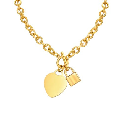 VNOX Personalized Initial Name Stainless Steel Trendy Cable Chain Bracelet Neckalce Set with Padlock Heart Charm and Toggle Clasp Closure - color: Gold Necklace